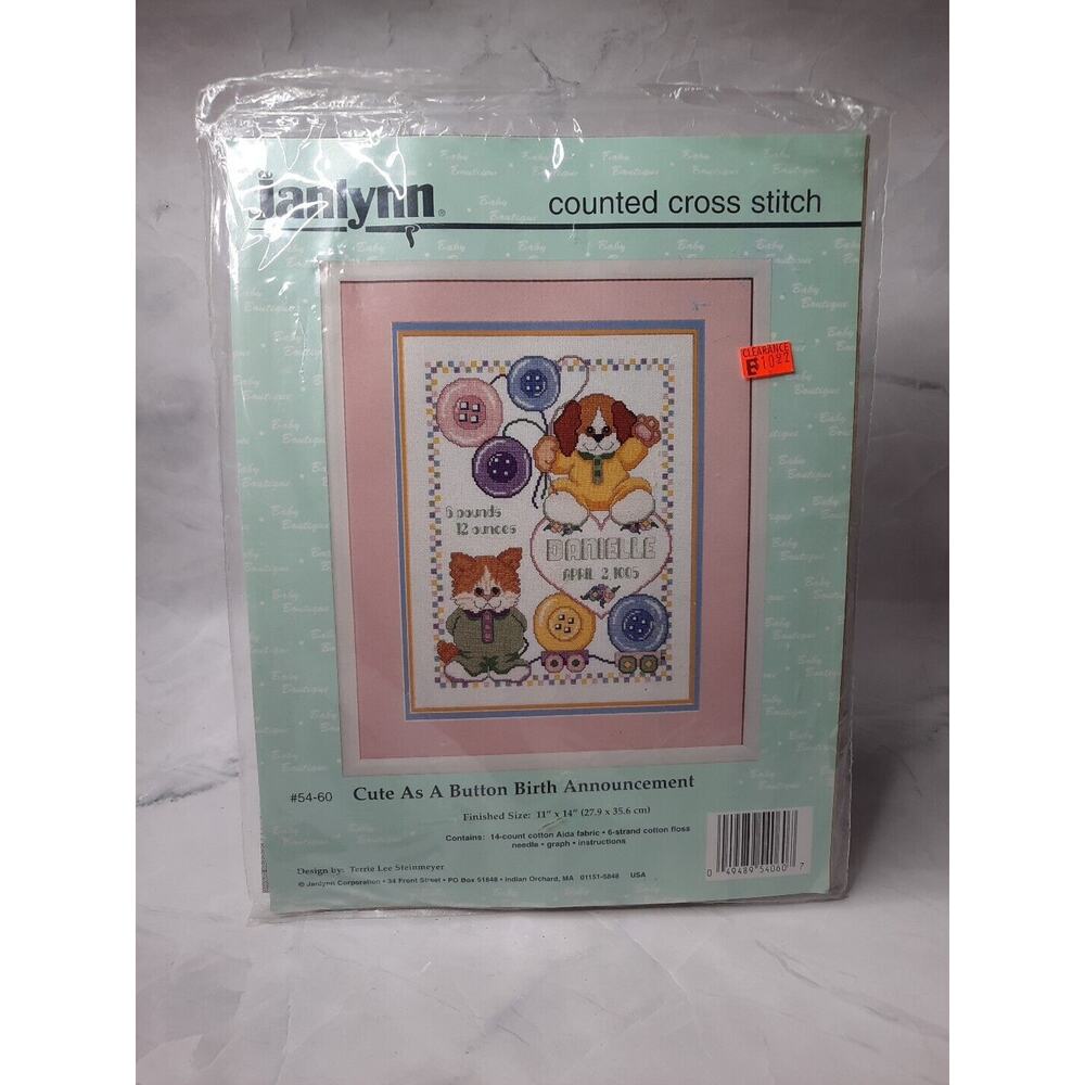 Janlynn Counted Cross Stitch Kit Cute As A Button Birth Announcement 11x14